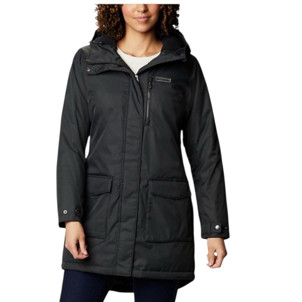 Columbia Women's Full-Zip‎ Snap-Up Mountain City Long Hooded Jacket BLACK Small